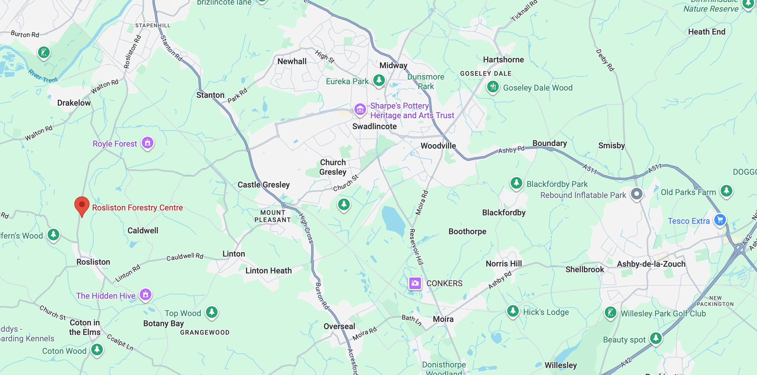 Map showing Rosliston Forestry Centre